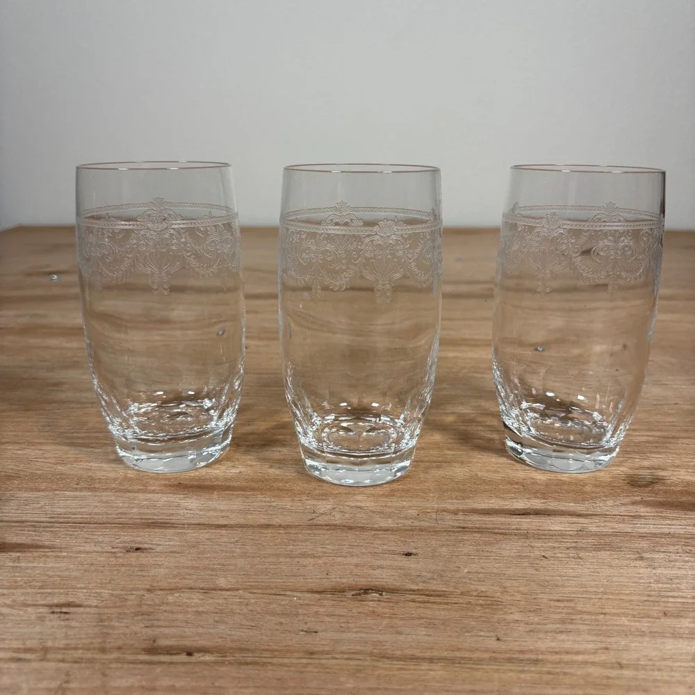 Vintage Etched Crystal Highball Glasses Set of 3 Damask Scrollwork Tumblers